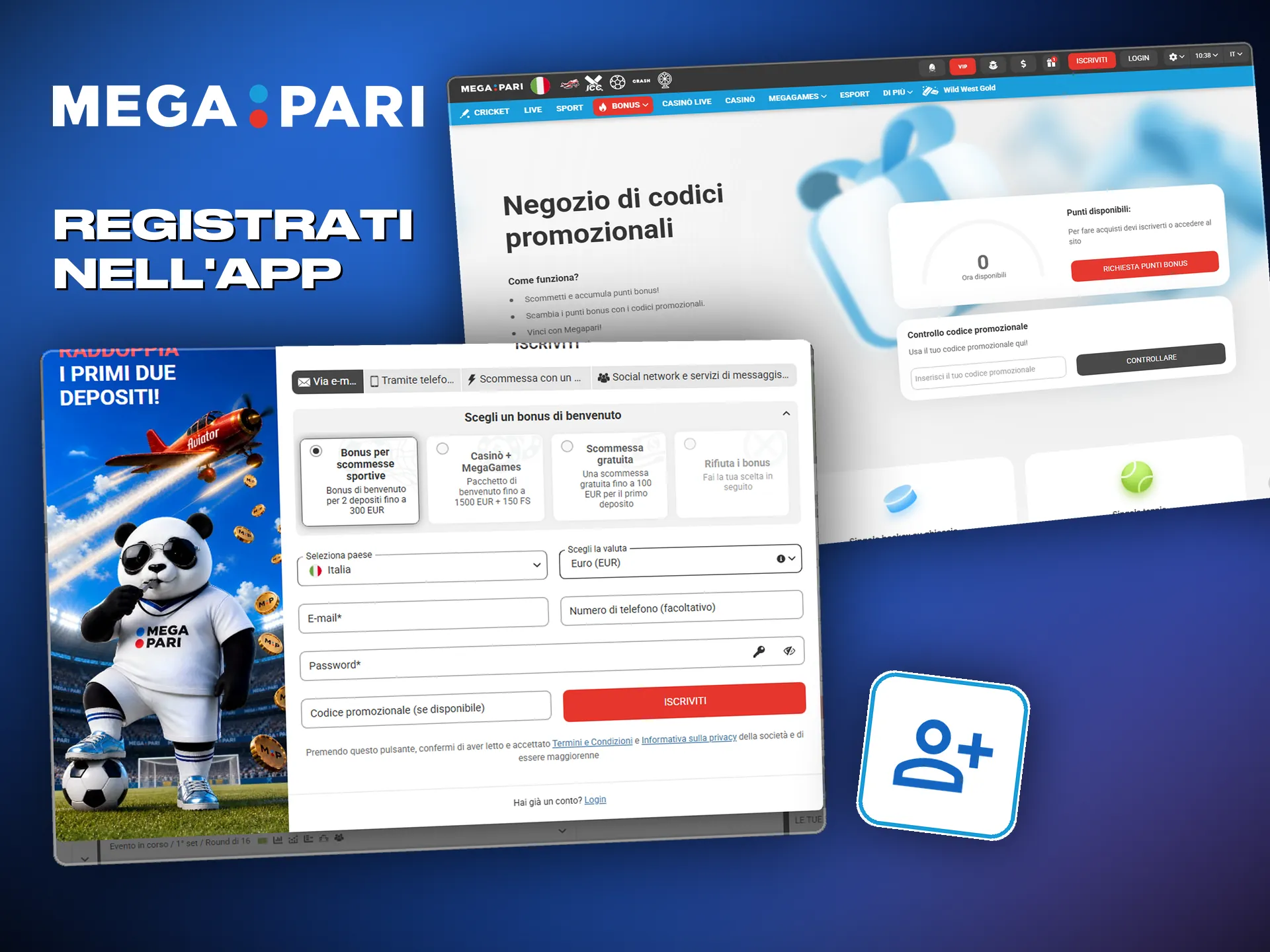 Registrazione nell'app Megapari, con il campo per il codice promozionale