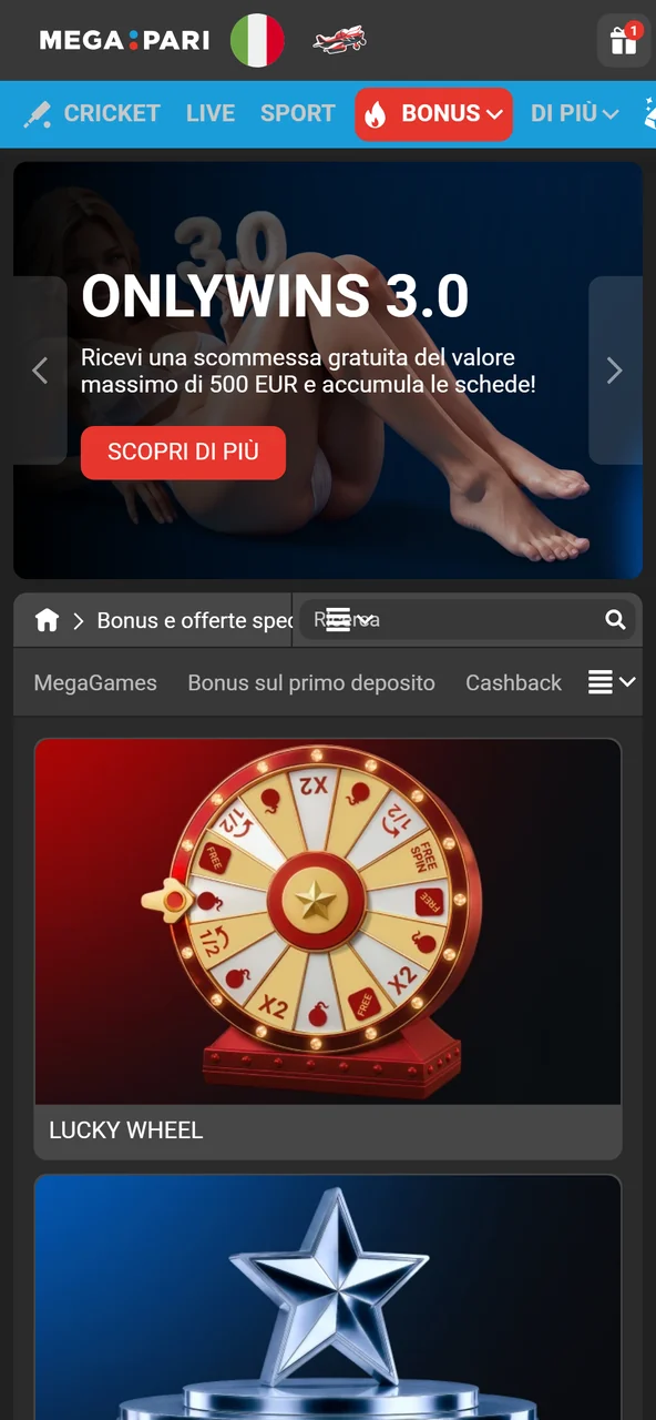 Bonus e promozioni nell'app Megapari