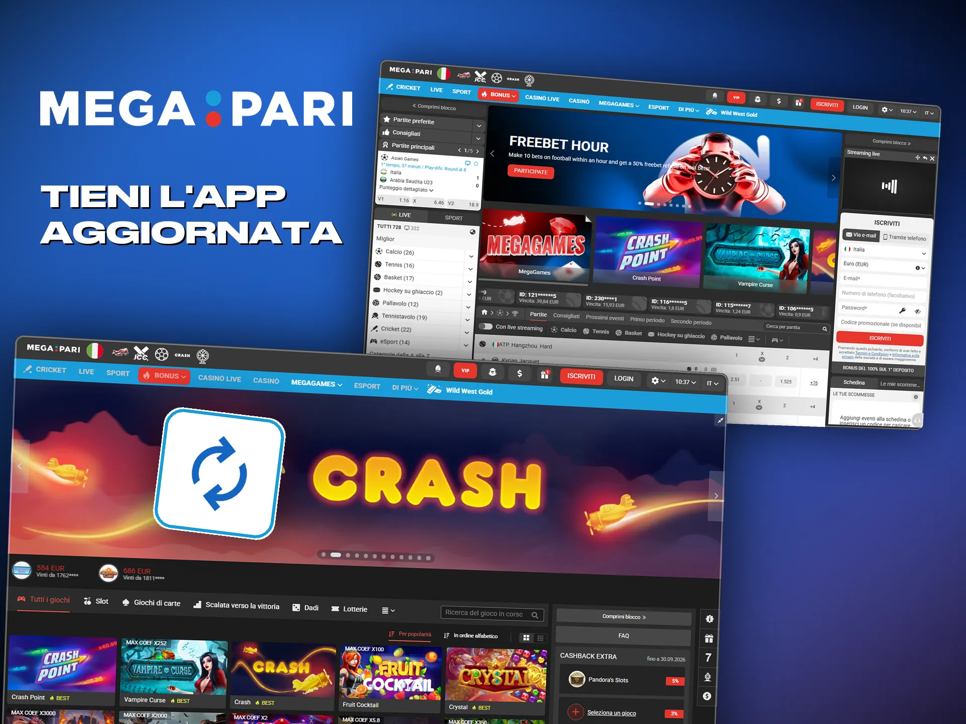 Gli aggiornamenti regolari tengono l'app Megapari al passo