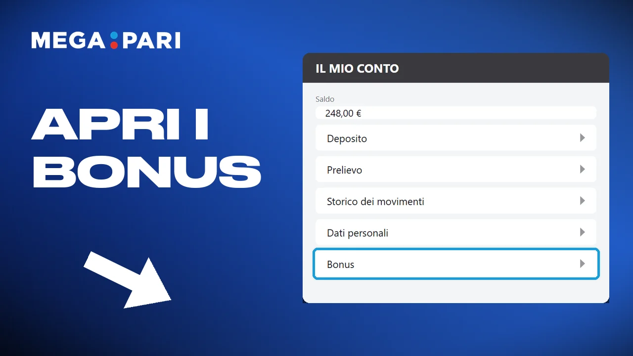 Il menu bonus sul conto Megapari, con benvenuto e cashback